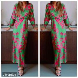 Cosmopolitan Green and Pink Wrap Maxi Dress Size XL NWT